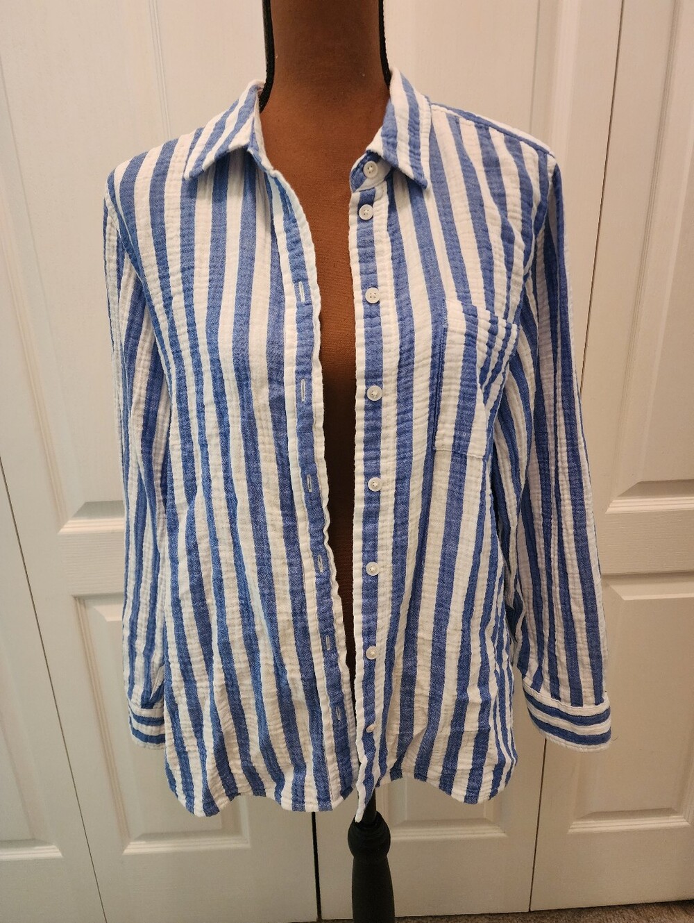 J. Crew Guaze Cotton Blue and White Striped Button-Up Shirt Large